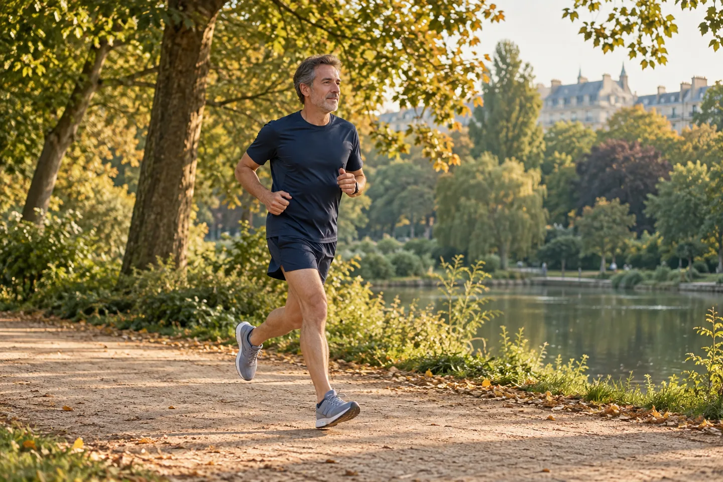 Un coureur de loisir sur un chemin de parc.