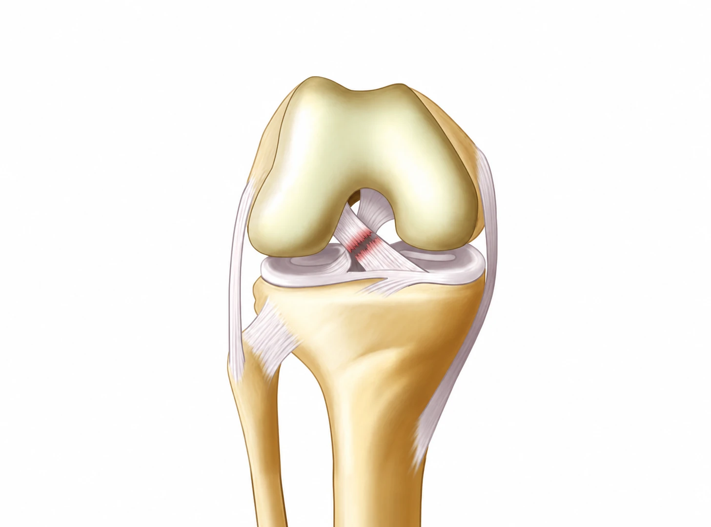 Même vue du genou avec une rupture complète du ligament croisé antérieur. La continuité entre ses deux attaches est interrompue ; ses portions restantes sont visibles.