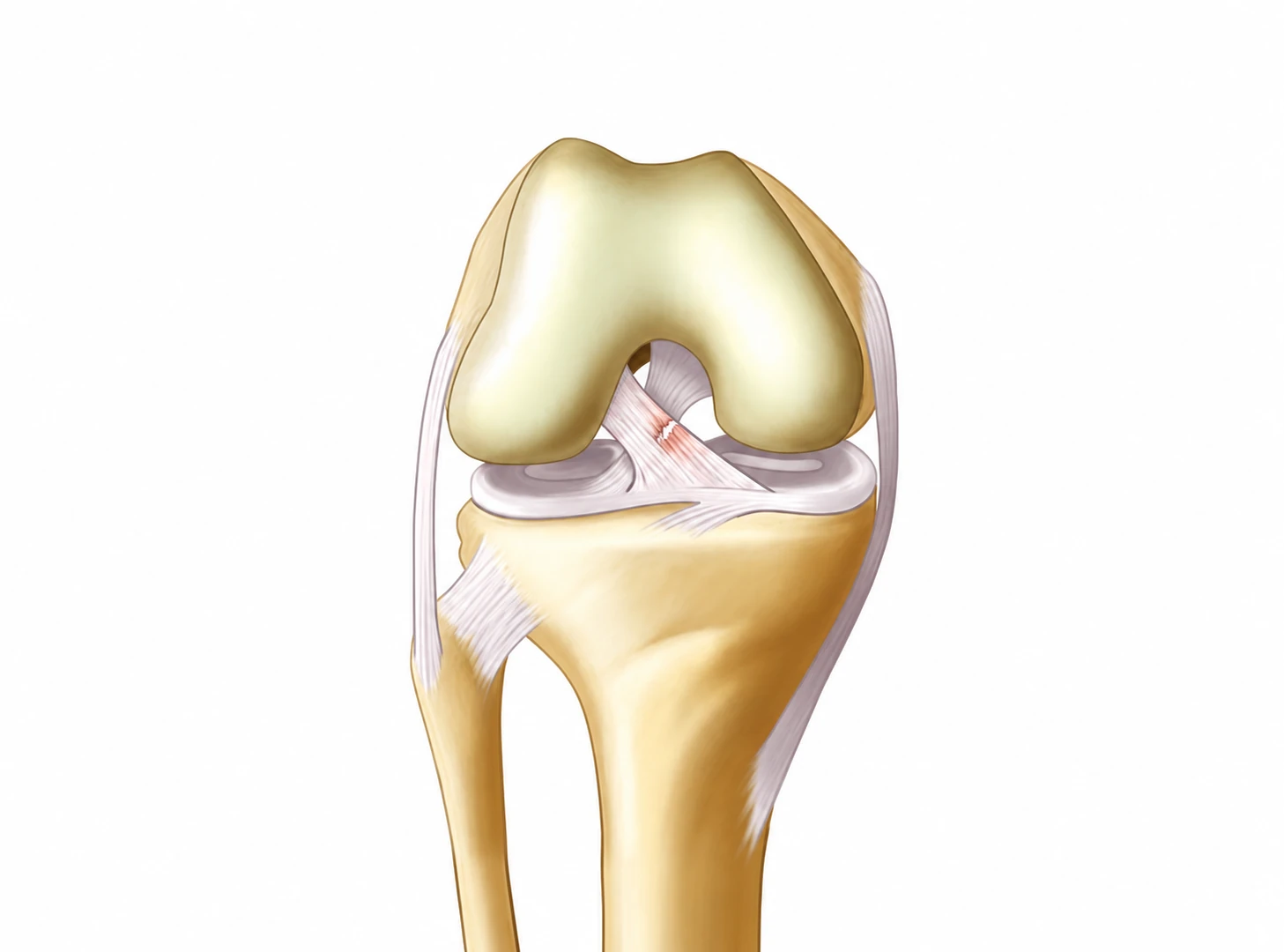 Même vue du genou avec une rupture partielle du ligament croisé antérieur : des fibres sont interrompues et d’autres restent continues.